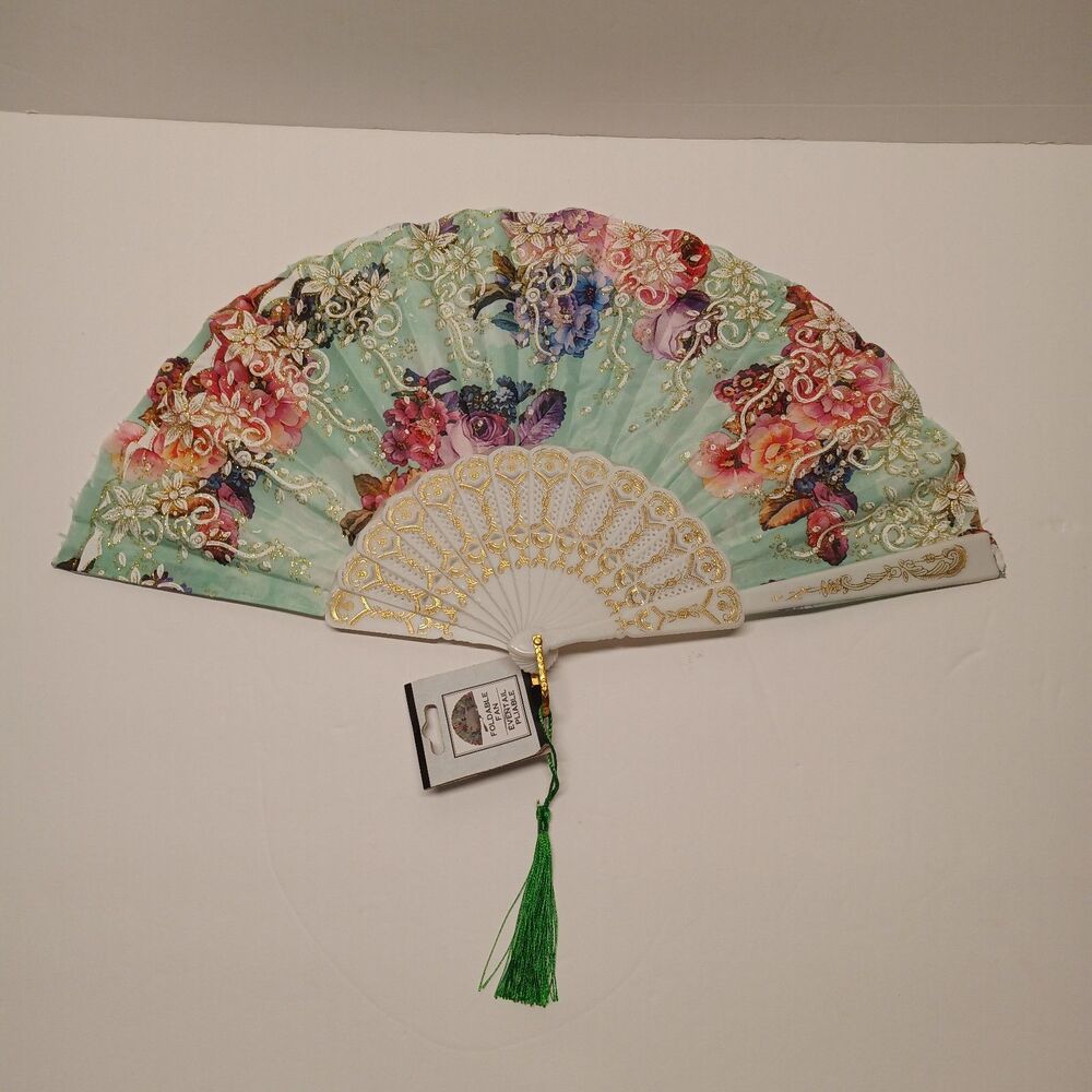 Handheld Foldable Accordion Fabric Fan Green Purple Blue Floral Golden Accents